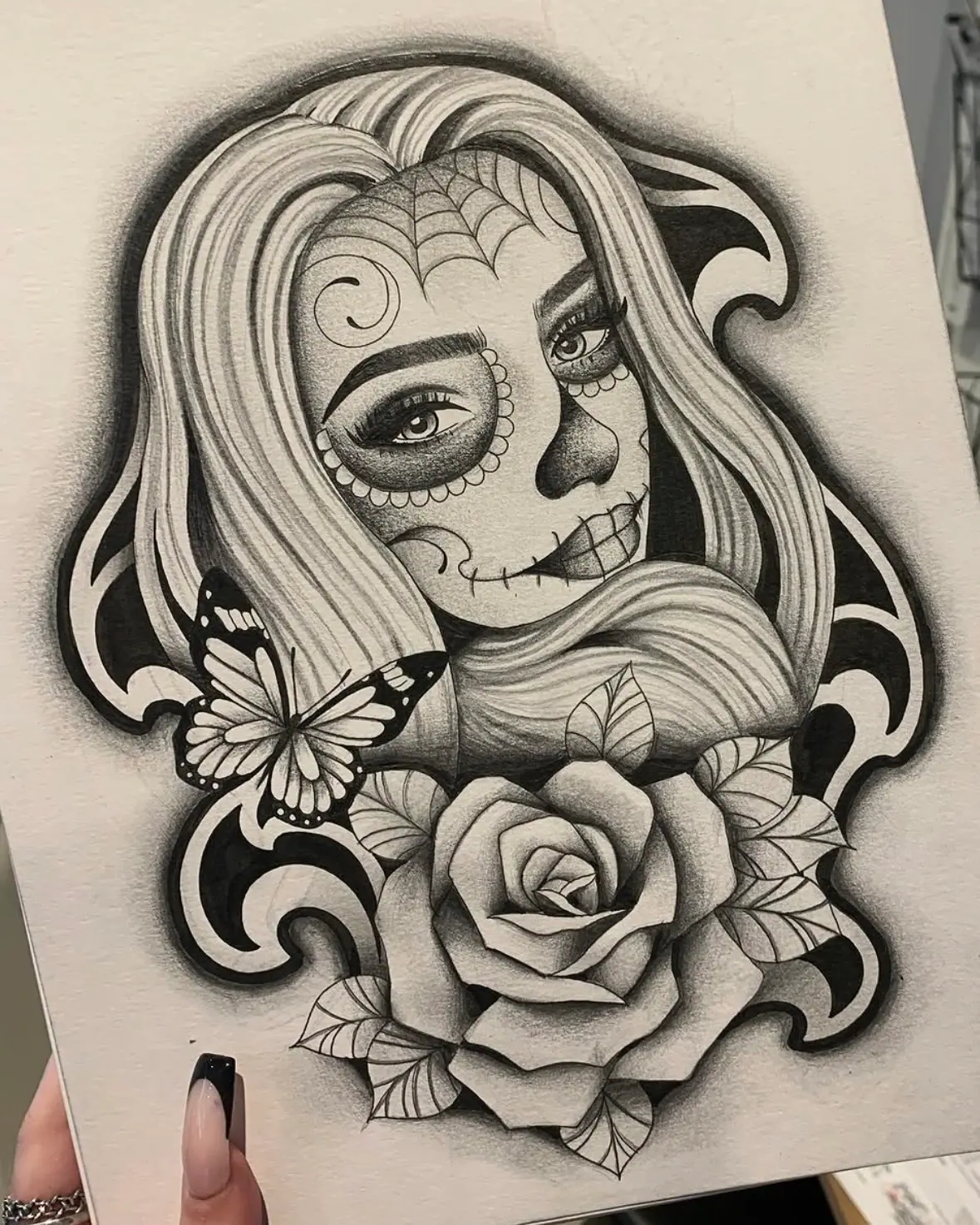 Sugar Skull Lady Death Dia Los Muertos Santa Muerte Rose Tattoo Design