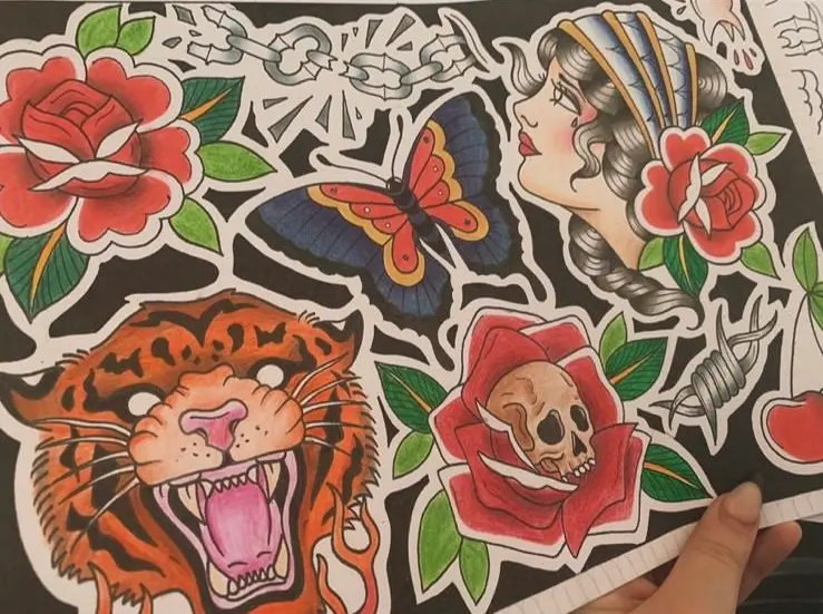 Tiger Butterfly Chain Skull Rose Lady English Traditional Oldschool Designs