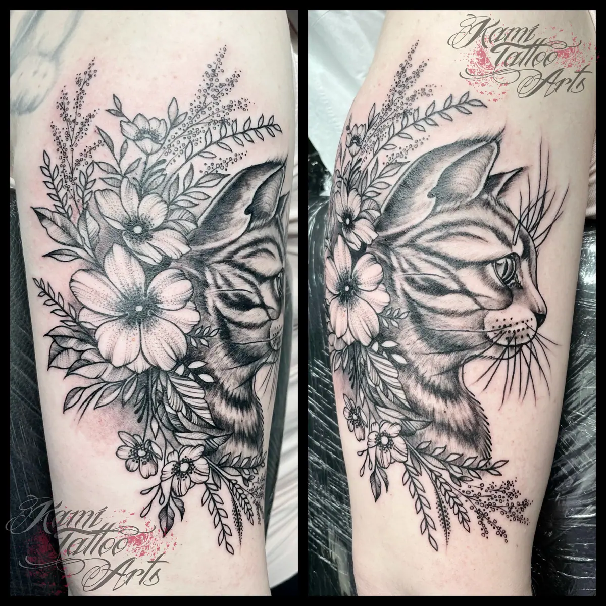 Blackwork Fineline Tattoo Cat Custom Portrait Fine Line Flowers