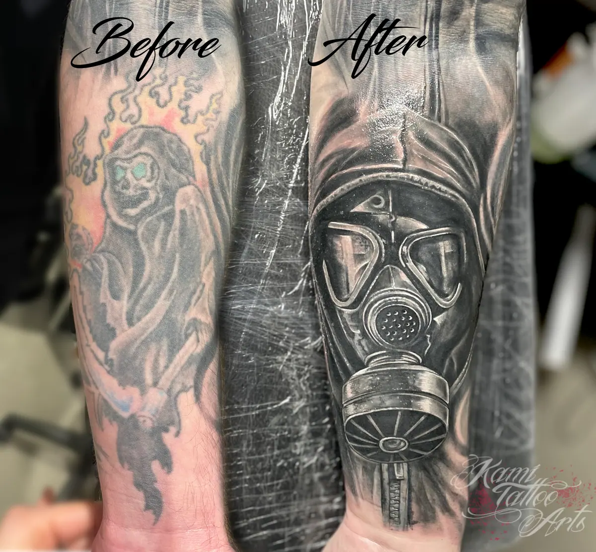 Black And Grey Realism Tattoo Coverup Gas Mask