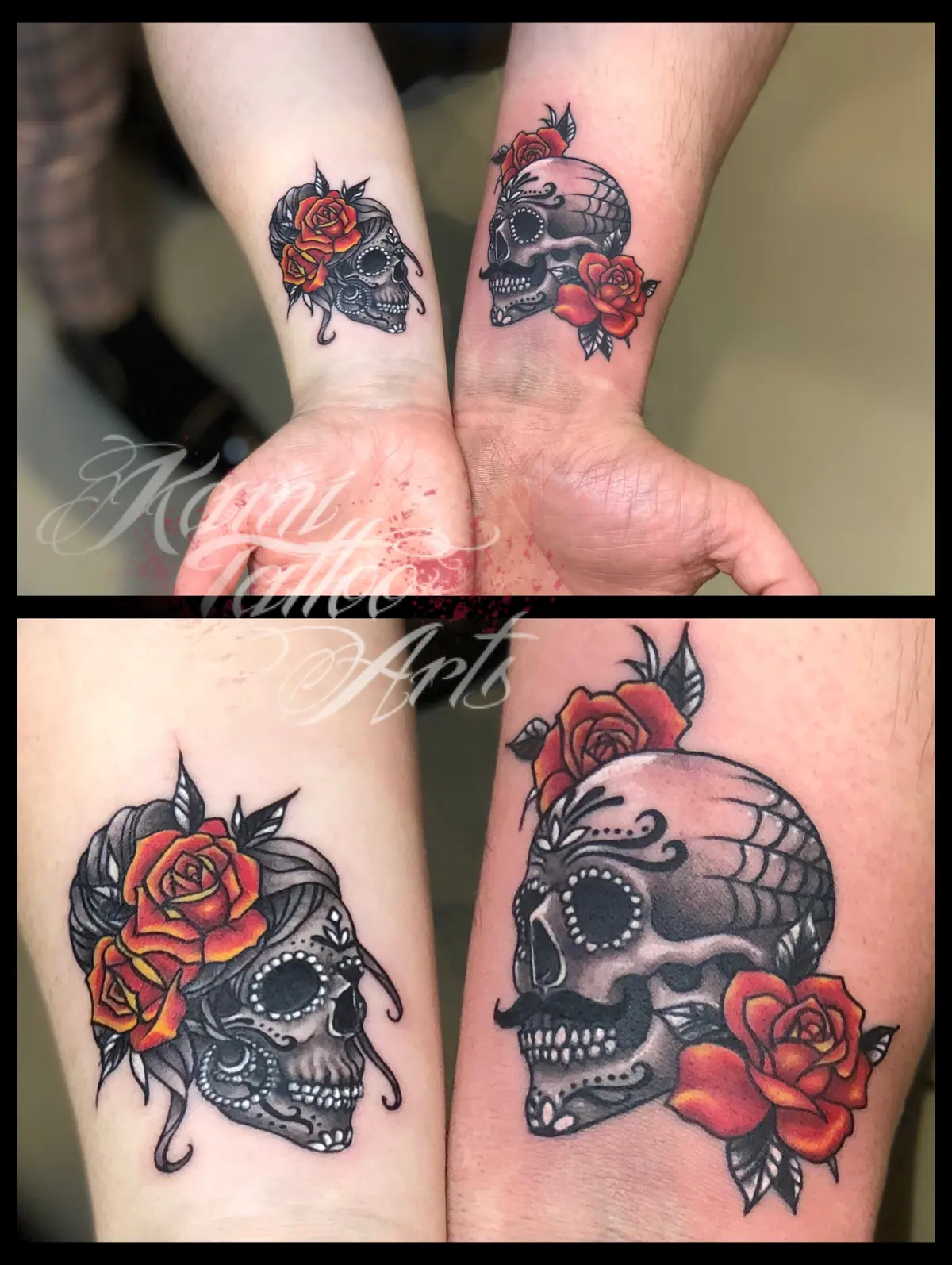 English Traditional American Old School Skulls Couple Love Tattoo