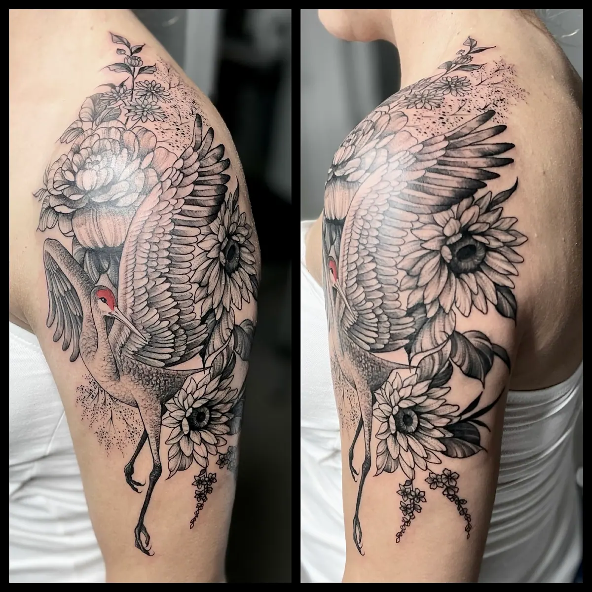 Fineline Crane Sunflowers Tattoo