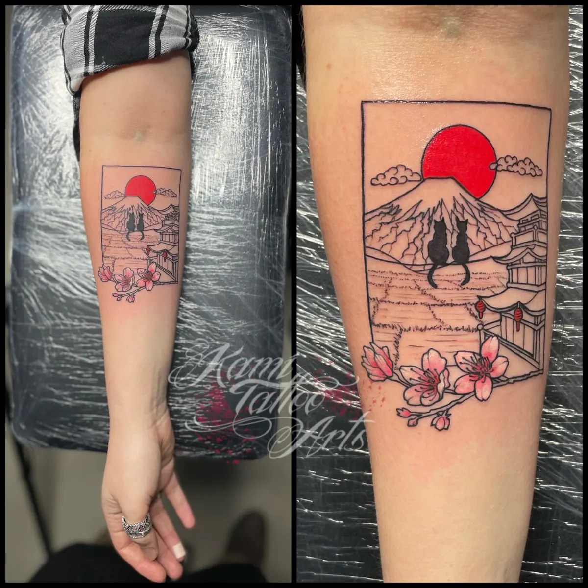 Fineline Tattoo Japanese Temple Cats Sakura Fuji