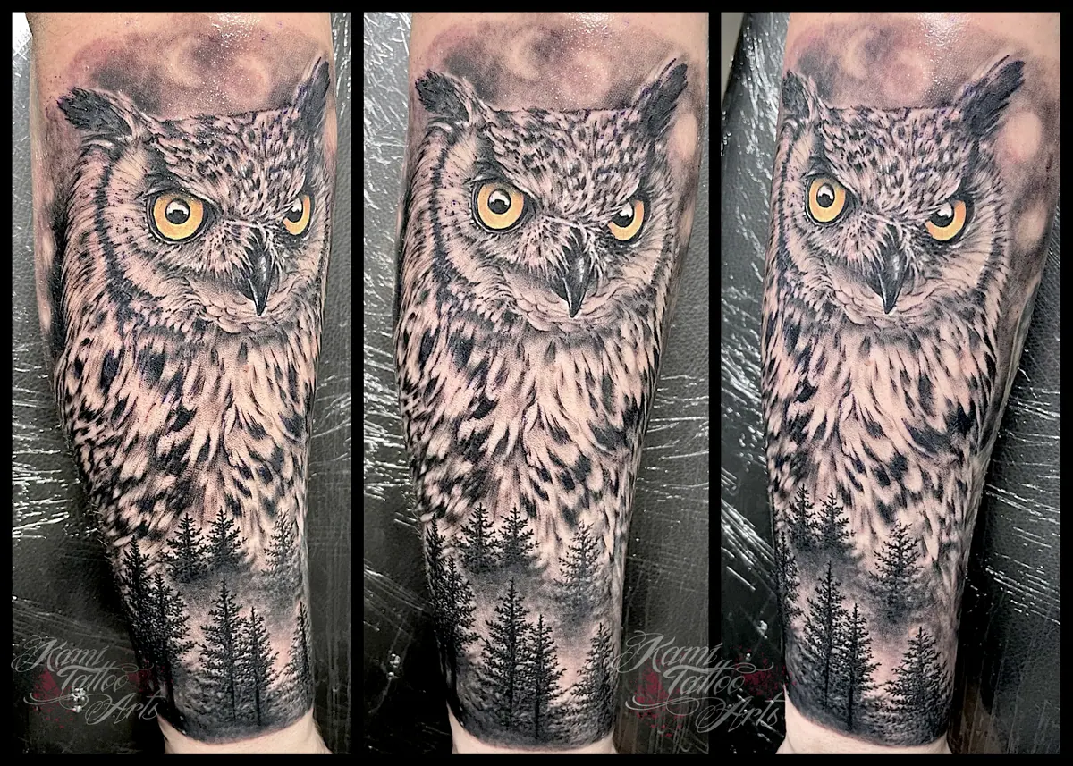 Greywash Realism Owl Forrest Tattoo