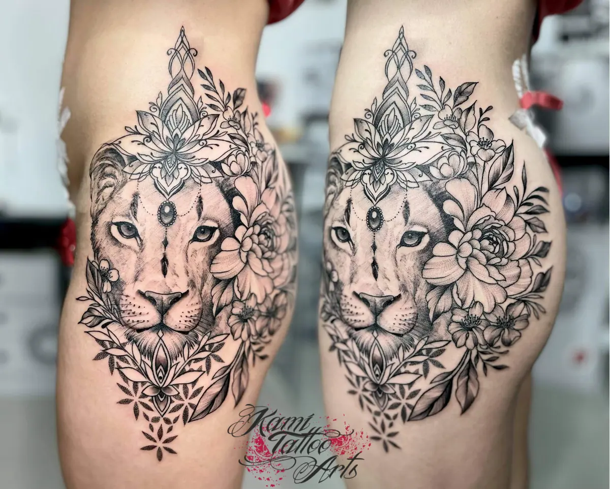 Lioness Mandala Fineline Tattoo