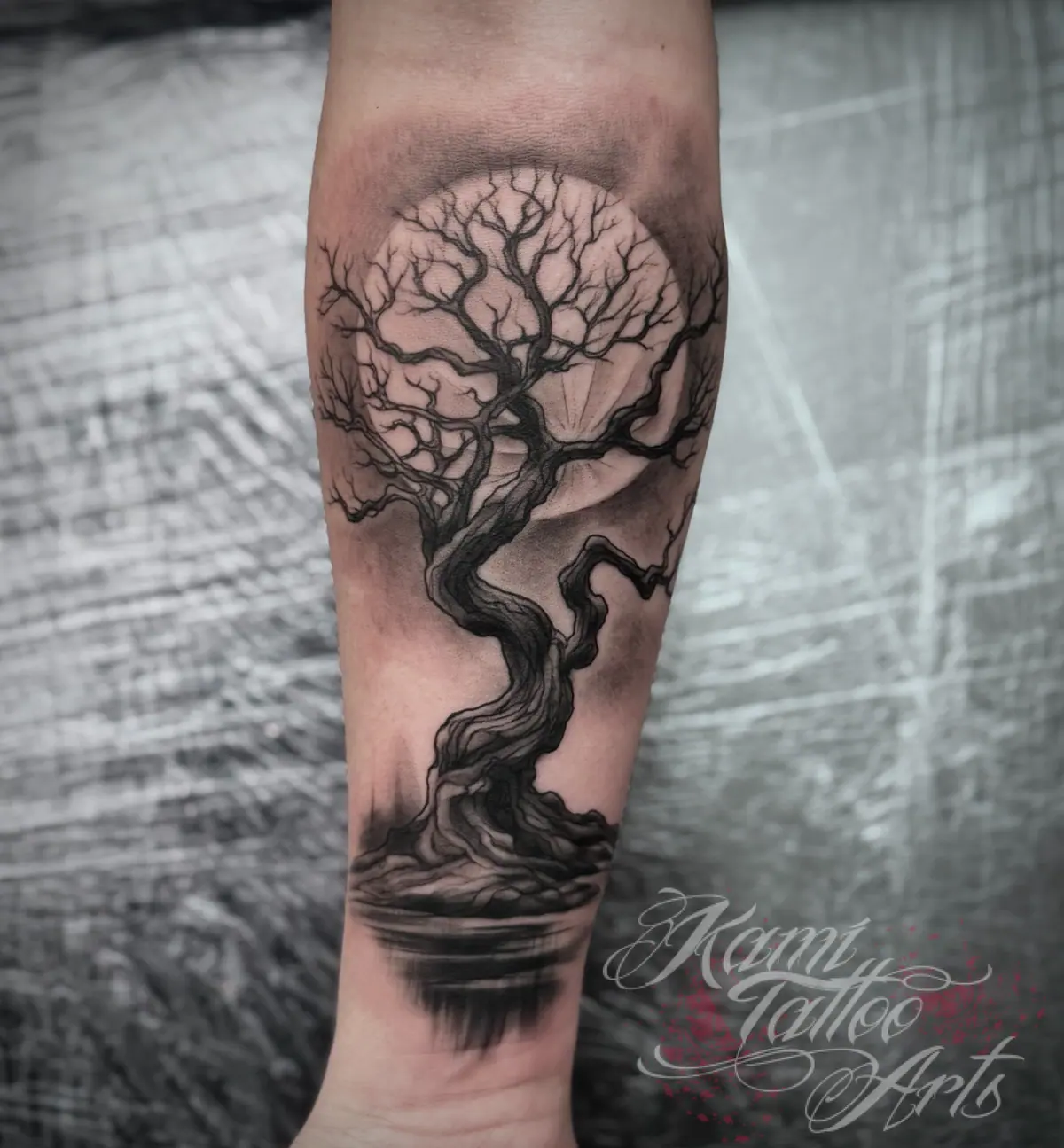 Lonely Creepy Croocked Tree Swamp Full Moon Tattoo