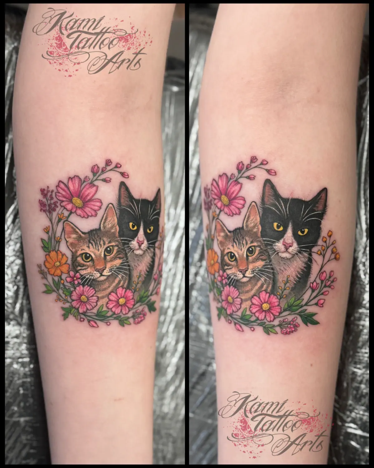 Miniature Tattoo Cats Portrait Cosmos Flowers