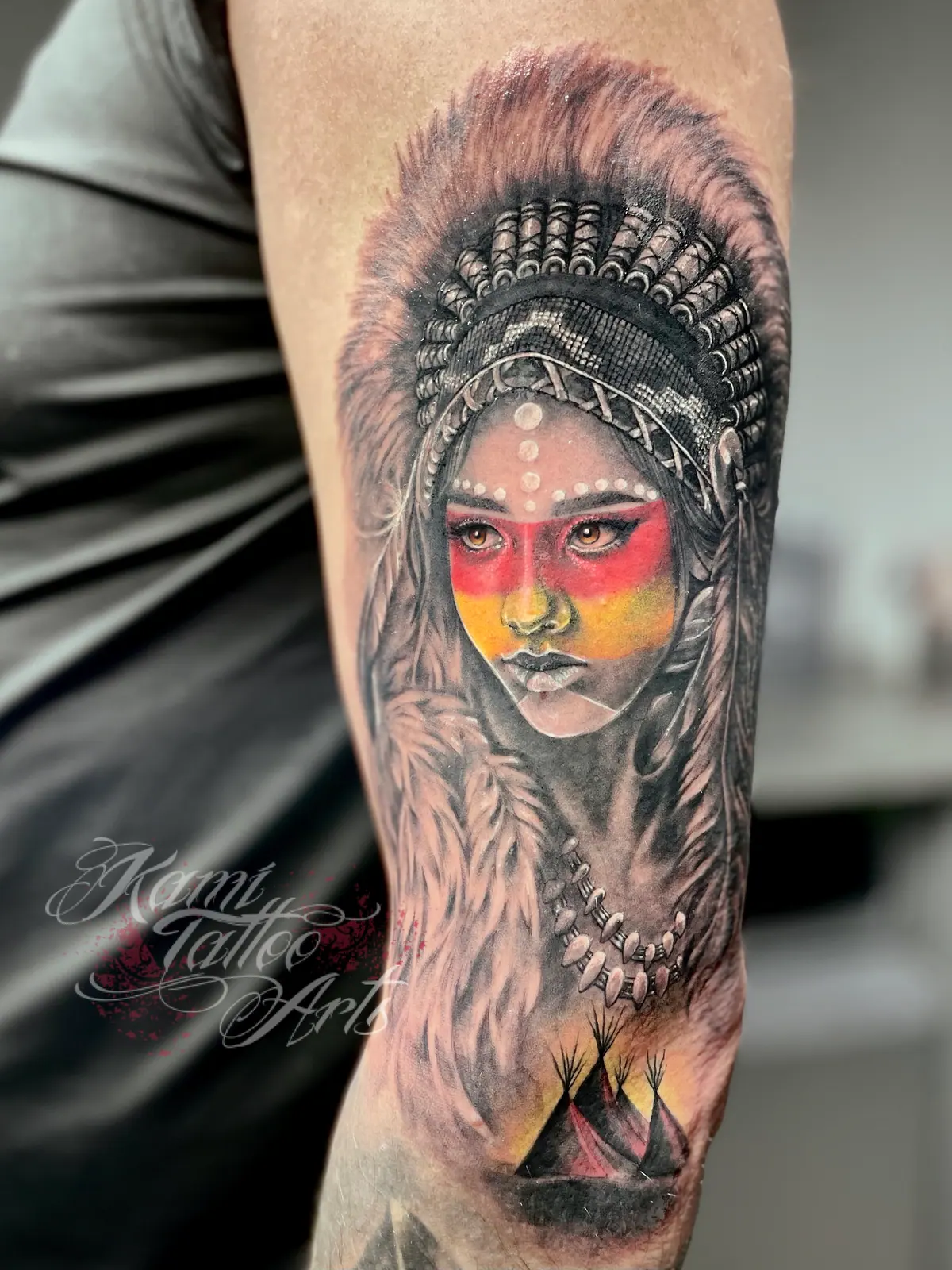 Native American Girl Tipi Realism Tattoo