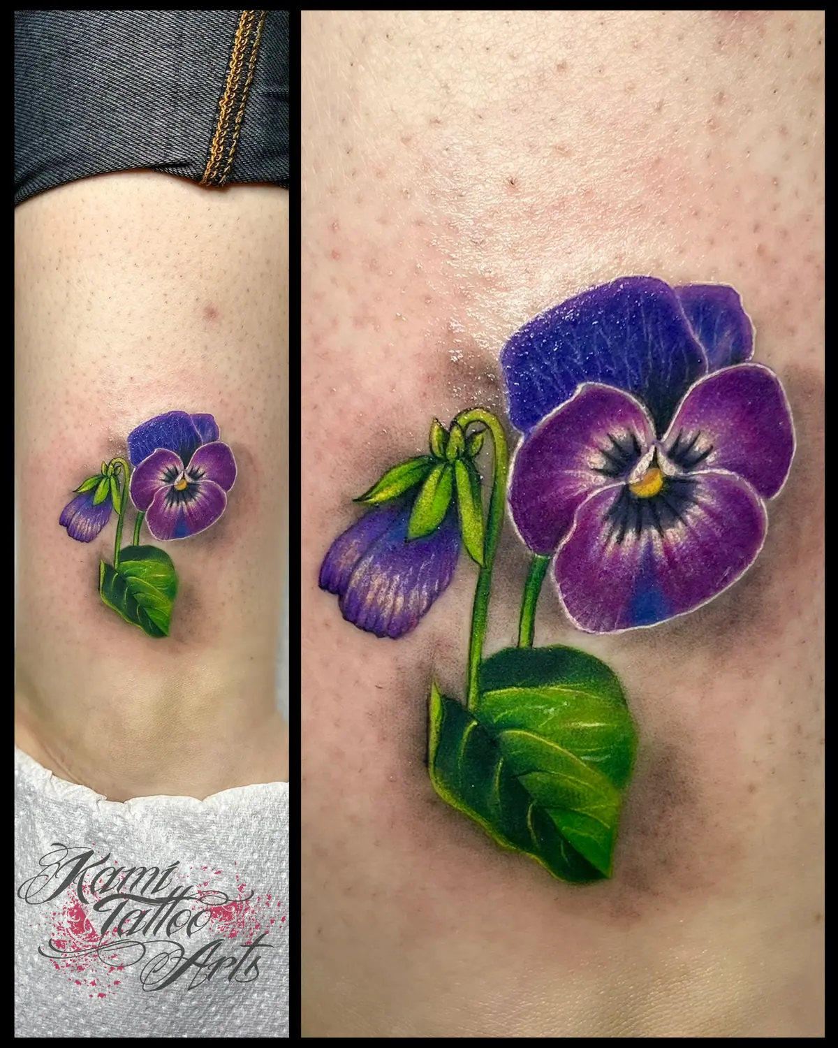 Pansy Flower Tattoo Ankle Woman Delicate Tiny Smallpurple Colour Realism