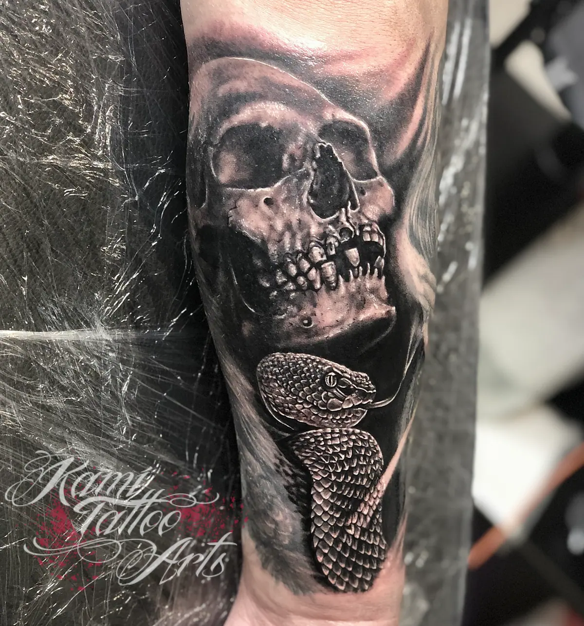 Realism Greywash Skull Snake Tattoo