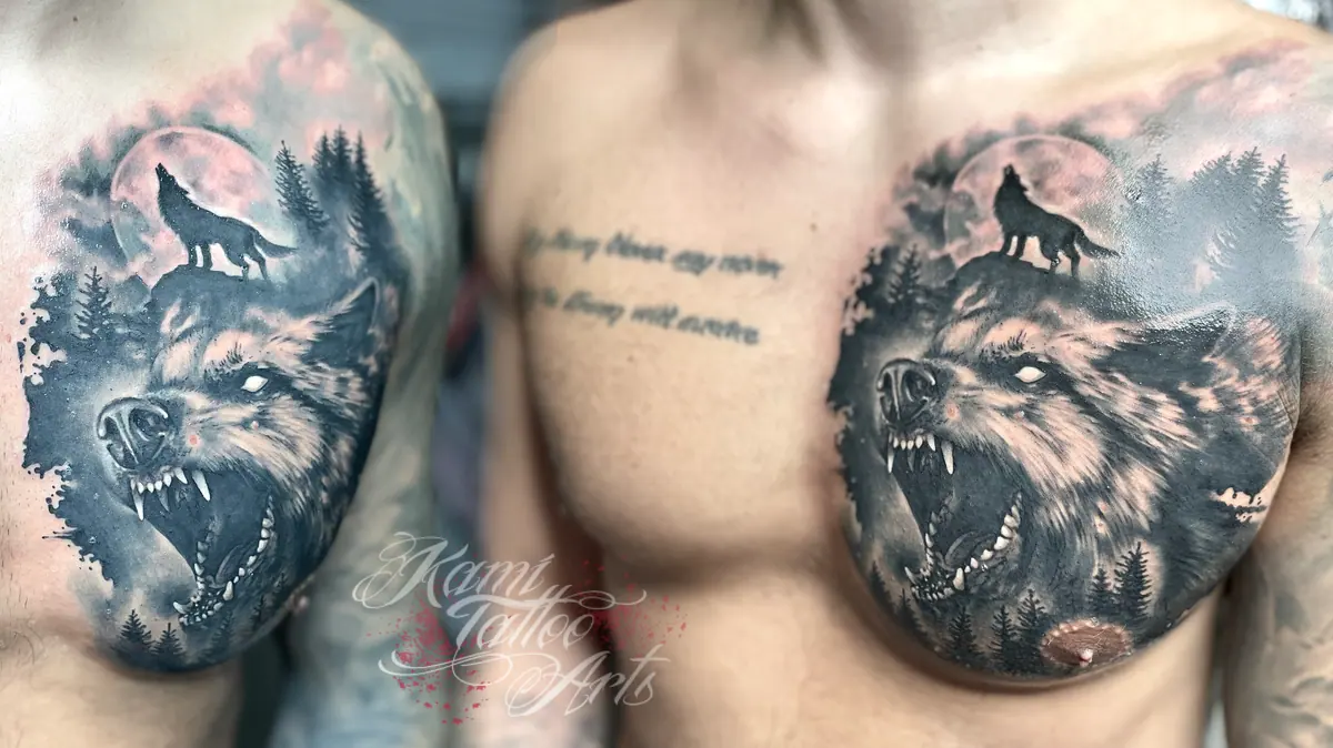 Realism Greywash Wolf Wilk Chest Tattoo