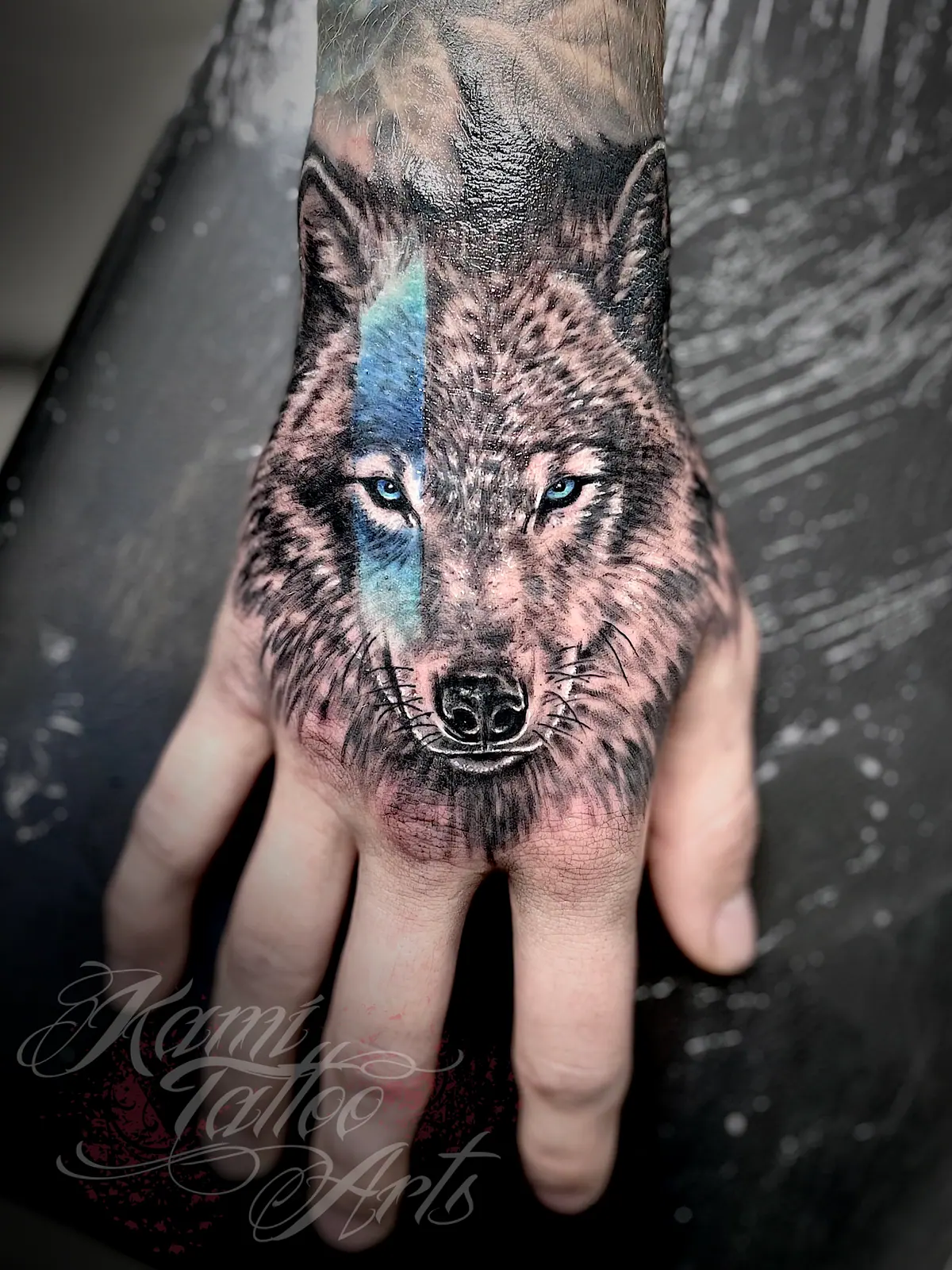 Realism Wolf Hand Tattoo Blue Eyes