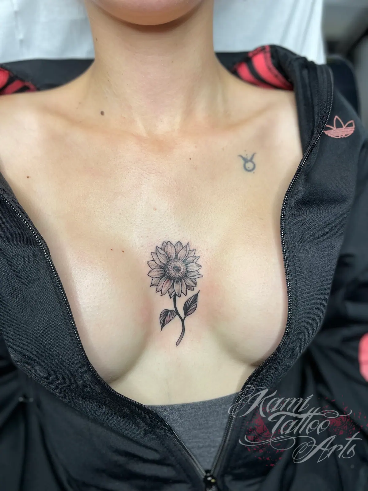 Sunflower Boobs Chest Fineline Tattoo