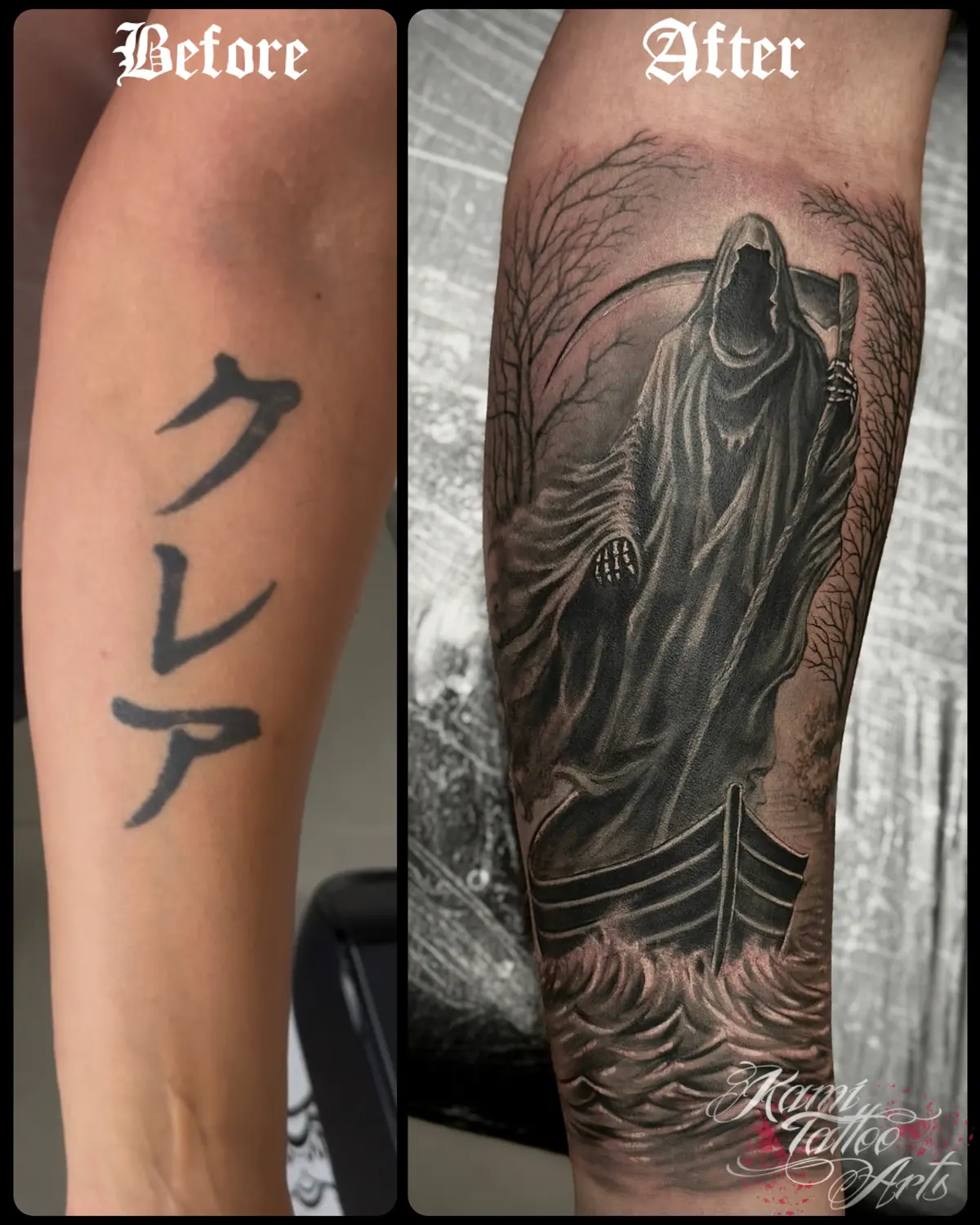 Tattoo Coverup Grim Reaper Rip Skull Boat
