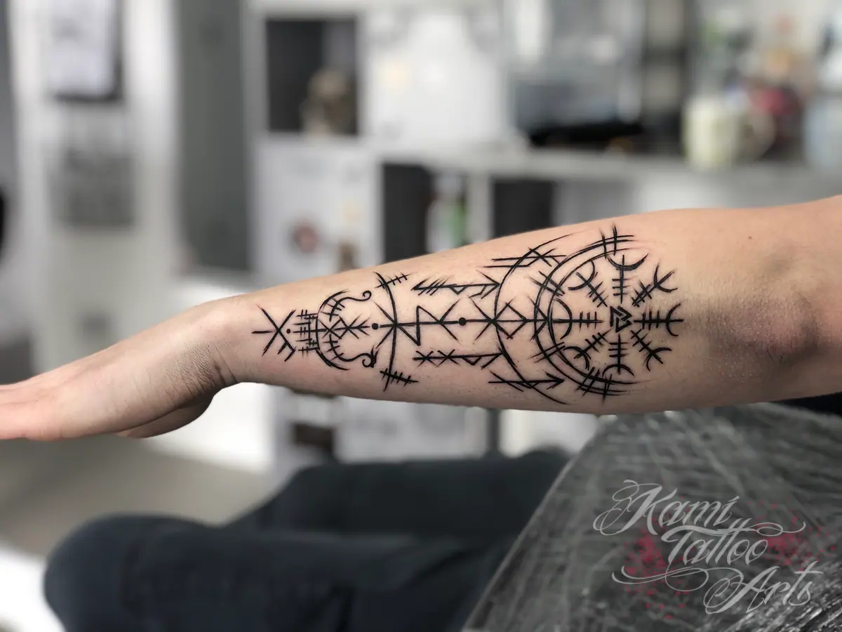 Viking Compass Runes Blackwork Tattoo