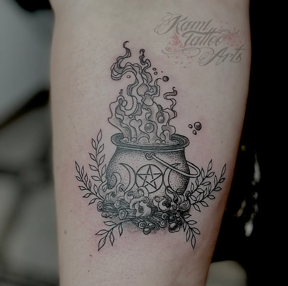 Witches Magic Couldron Greywash Tattoo