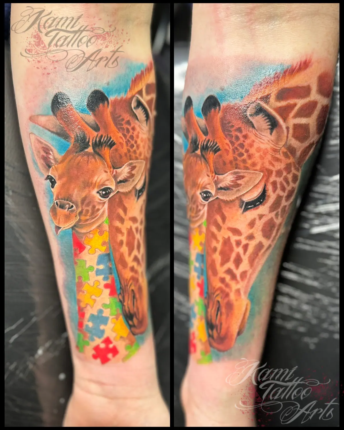 Autism Tattoo Puzzle Giraffe Realism Mother Child Mothers Day Tattoo