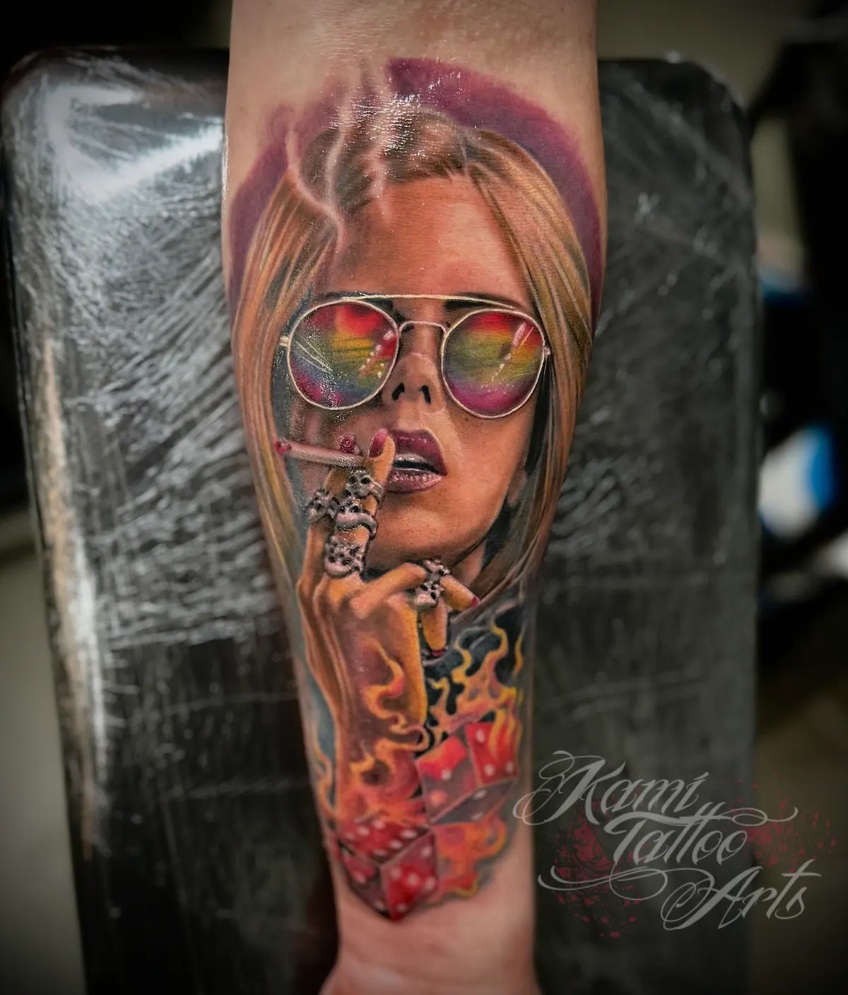 Gambling Tattoo Hot Woman Sexy Tattoo Dice Fire Sunglasses Rainbow Joint Smoke Weed Fun