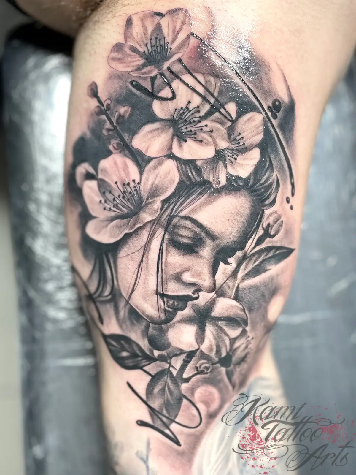 Realism Greywash Woman Cherry Blossoom Flowers Sakura Portrait Tattoo