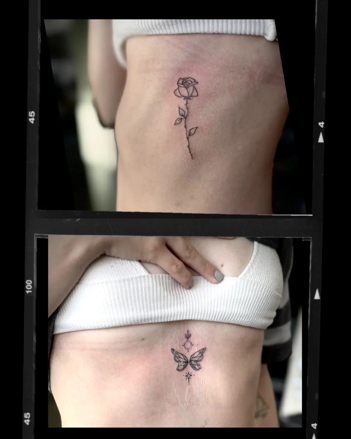 Fine Line Fineline Butterfly Rose Flower Tattoo