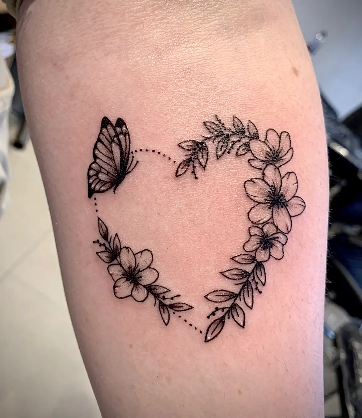 Fineline Flower Heart Tattoo