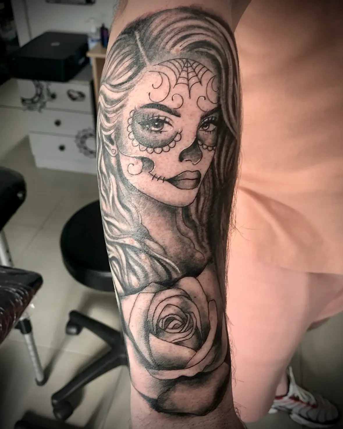 Sugar Skull Santa Muerte Dia Rose Tattoo