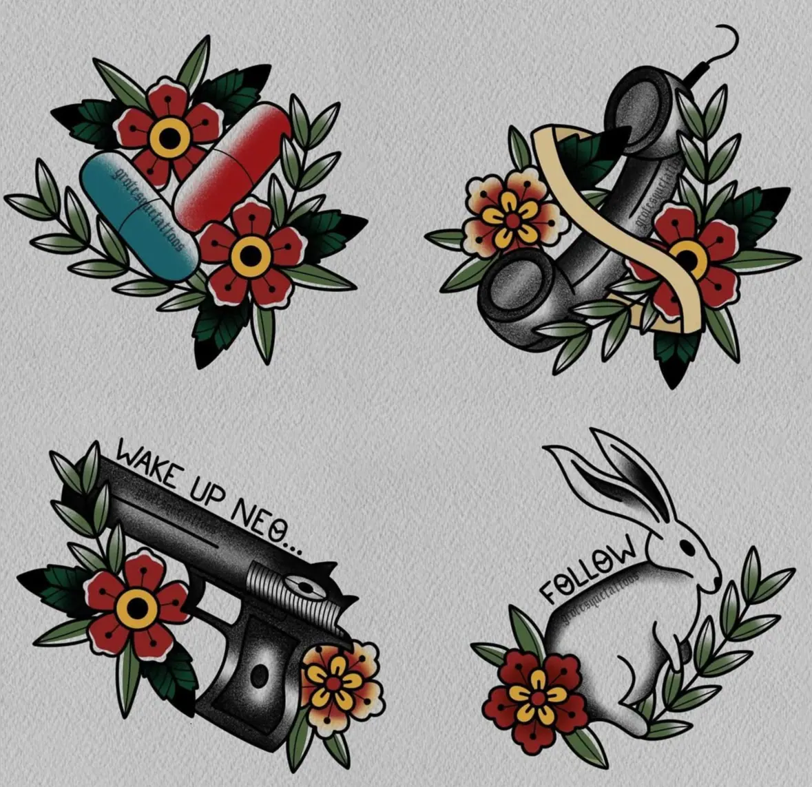 Matrix Tattoo Designs Pills Neo Phone Gun Follow The White Rabbit